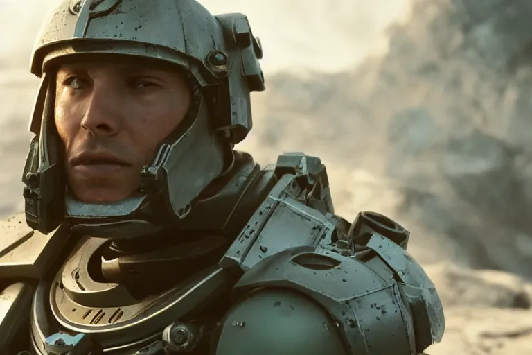 Prompt: VFX movie of a futuristic spacemarine closeup portrait in war zone, beautiful natural skin natural lighting by Emmanuel Lubezki