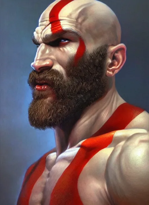 Image similar to a epic portrait of the god of war, art by boris vallejo and greg danton and denys tsiperko, detailed, hyperrealism, artstation