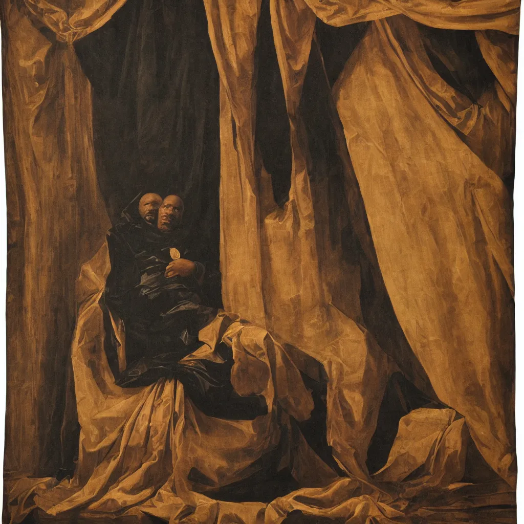 Image similar to Large black man sitting on throne wrapped in silk, background made of large folding curtains, dimly lit, dark, renaissance painting, style of carrivagio