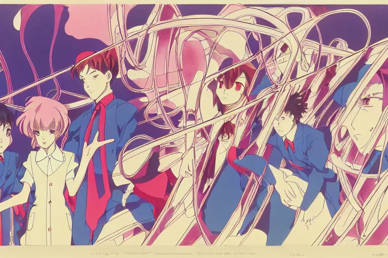 Image similar to cel shaded study of a group of children in a magical academy, anime, key visual of anime with intricate linework, in the stlye of moebius, ayami kojima, 90's anime, retro fantasy