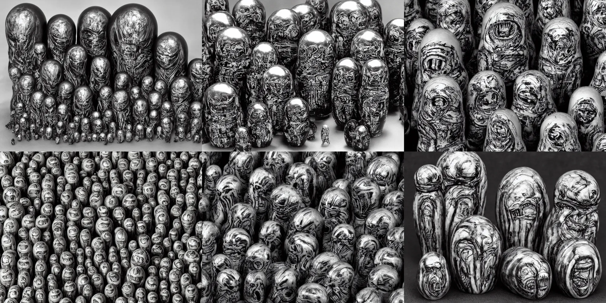 Prompt: xenomorph matryoshka dolls, by h. r. giger.