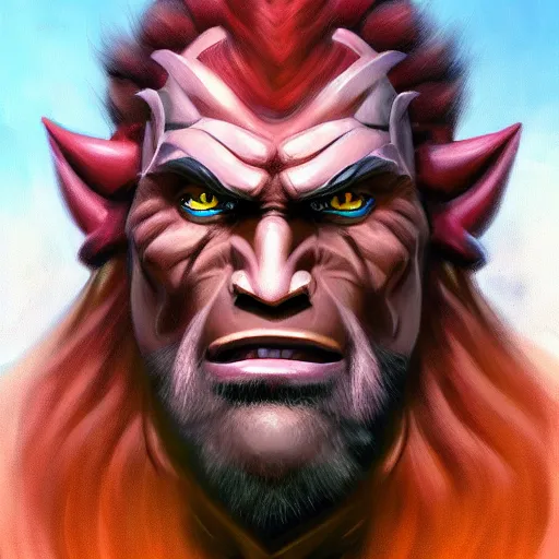 Image similar to An ultra-realistic portrait painting of Ganondorf from The Legend of Zelda in the style of Alex Ross. 4K. Ultra-realistic. Highly detailed. Epic lighting.