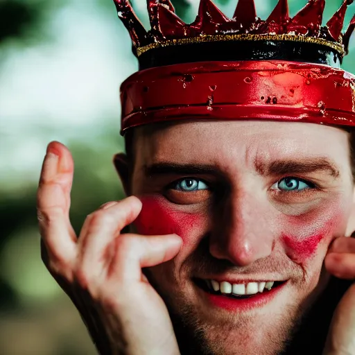 Image similar to man with red pupils and a crown grinning