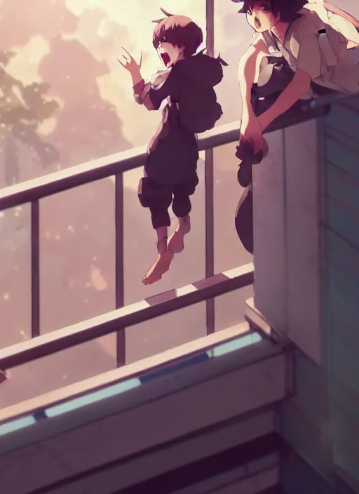 Prompt: boy shouting at the girl above on the balcony, illustration concept art anime key visual trending pixiv fanbox by wlop and greg rutkowski and makoto shinkai and studio ghibli