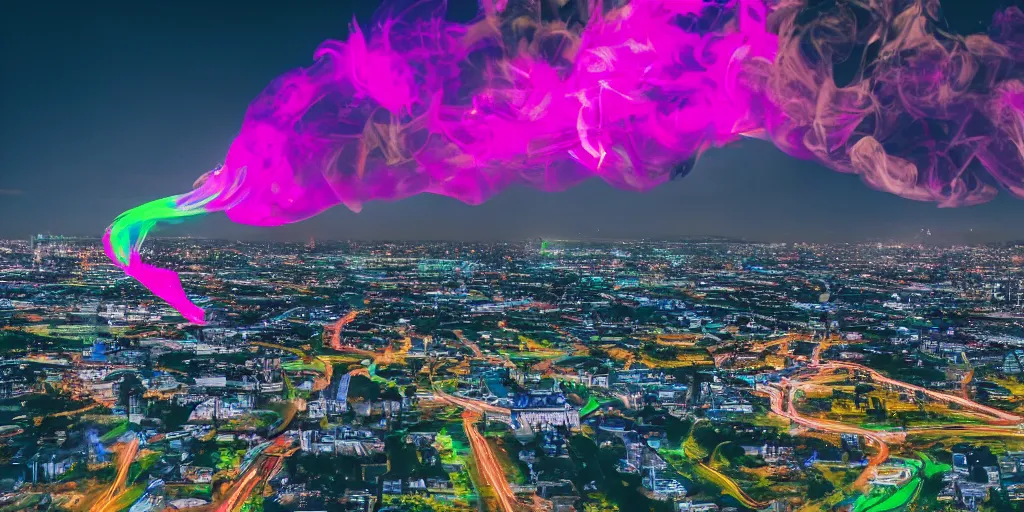 Prompt: dimly lit muted multi-color smoke (blues, greens), muted neon smoke, smoke reminiscent (shape) of fierce flying dragons with large outstretched wings flying, a distant vague city park landscape in the background, photographic, stunning, inspiring, super high energy, swift, fast, fleeting, 8K, 4K, UE5