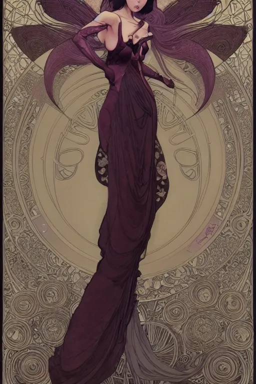 Image similar to full length portrait of a beautiful mysterious chinese fairy, no hands, by eve ventrue, michael carson, andreas rochas, john watkiss, casey weldon, artgerm. art nouveau. tarot card by mucha. gloomhaven. swirly intricate linework background. gaudy colors, sharp edges. octane render