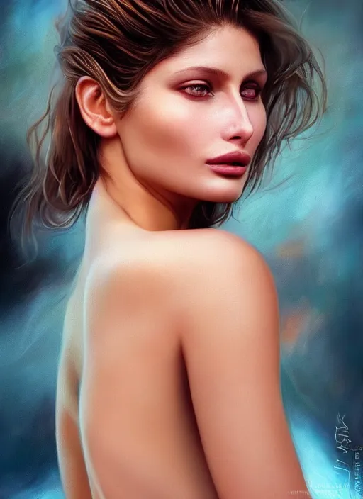 Prompt: dreamlike luxury stunning laetitia casta full body photo portrait in simsuit, art by artgerm, wlop, loish, ilya kuvshinov, 8 k realistic, hyperdetailed, beautiful lighting, detailed background, depth of field, symmetrical face, frostbite 3 engine, cryengine, photorealism, canon 5 d, studio diffuse lights