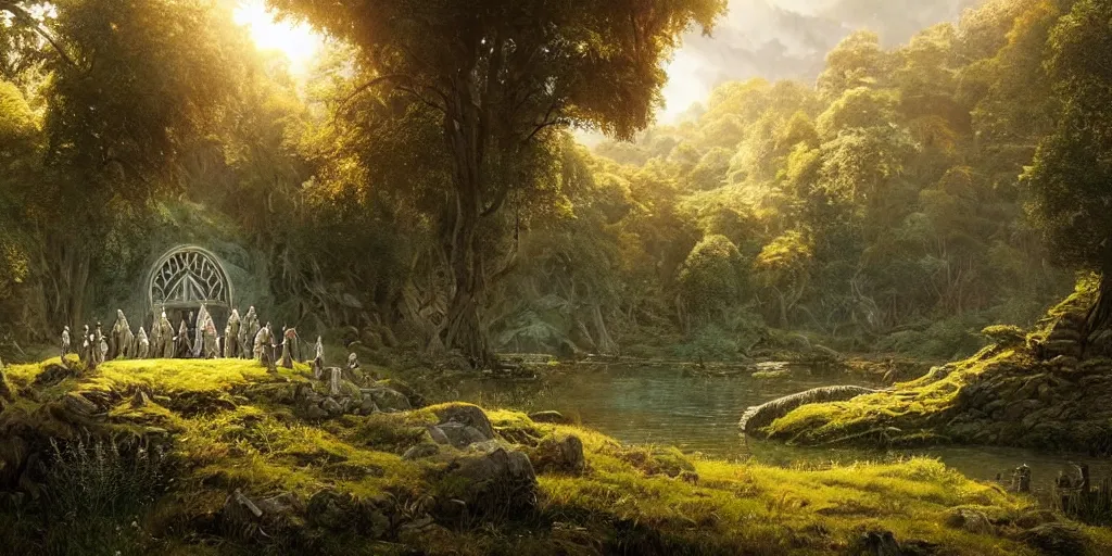 Image similar to symmetry!! lord of the rings the shire scenery landscape, highly detailed, perfect lighting, perfect composition, 4 k, artgerm, derek zabrocki, greg rutkowski