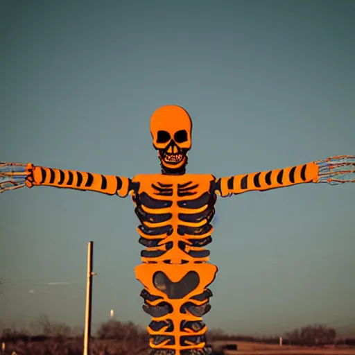 Prompt: a skeleton with hands that looks like traffic - cones