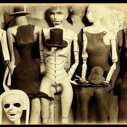 Prompt: a manikin party, wax manikin heads, smiling, photograph, style of atget, nightmare, concept art, creepy