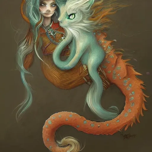 Image similar to cat seahorse shapeshifter, long-haired humanoid fursona by Peter Mohrbacher and Louis Wain, furaffinity, trending on artstation