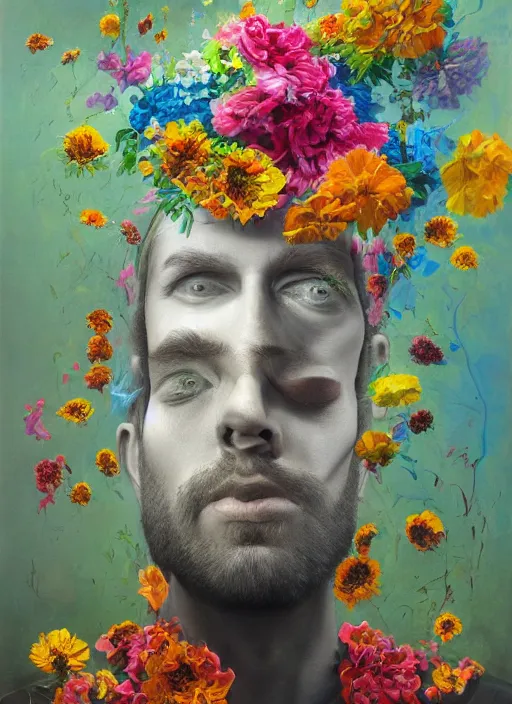 Prompt: a painting of a man with a strange hat on his head, a surrealist painting by Szymon Kot, behance contest winner, metaphysical painting, made of flowers, oil on canvas, detailed painting