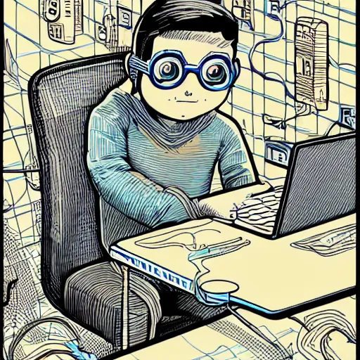 Image similar to illustration of a boy connected to his laptop with wires, highly detailed, by butcher billy, mcbess, rutkowski, james jean, 8 k, photorealistic