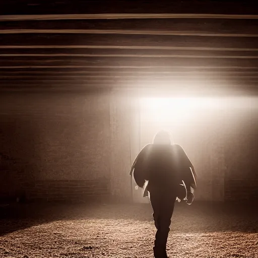 Prompt: the headless horseman entering a saloon, backlit, evening light, dramatic mood, low angle, sun rays