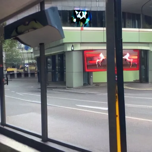 Prompt: a CCTV photo of a t-rex outside McDonalds