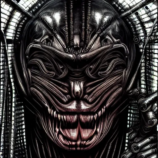 Image similar to a dark humanoid, hyper detailed, in the style of h. r. giger and and h. r. giger and h. r. giger, selfie