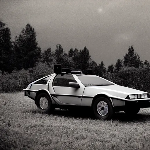Prompt: a monochromatic sepia photograph of a delorean traveling with pioneers on the oregon trail, trending on art station,