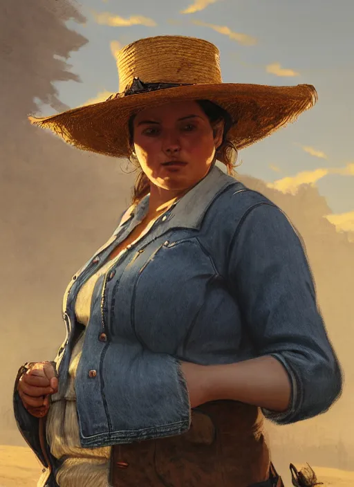 Prompt: highly detailed portrait of chubby woman wearing a white wide brim straw hat and a denim jacket, determined. red dead redemption art, unreal engine, fantasy art by greg rutkowski