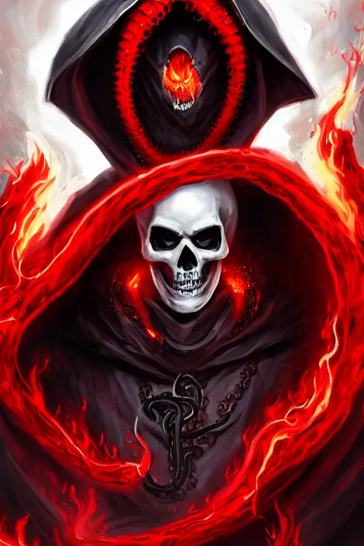 Prompt: A full body portrait of a mysterious character with a flaming skull with a very long hooded blood red and black cloak, tentacles coming out the ground art by Jason Chan, ominous, cosmic horror, trending on artstation, Ultra detailed, hyper realistic 4k