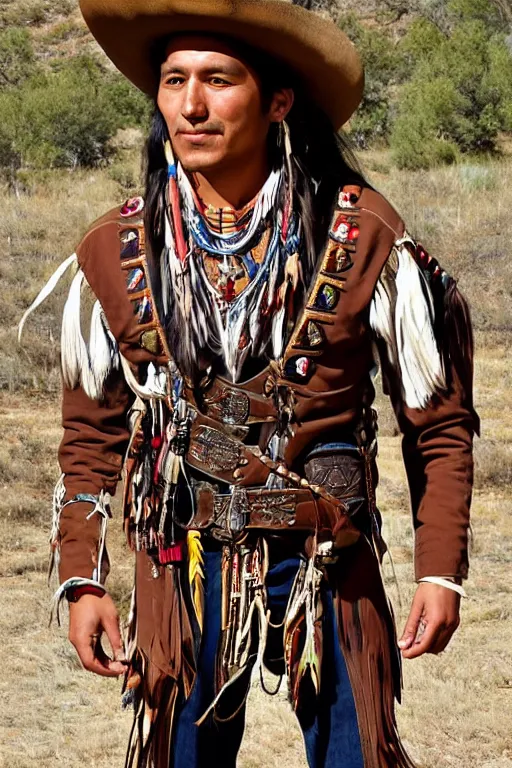 Image similar to thin native American Indian man in his early 30s, wearing traditional cargo buckskin jacket buckskin tactical toolbelt pockets bandolier full of trinket and baubles, steampunk arcane shaman, deadlands, weird west