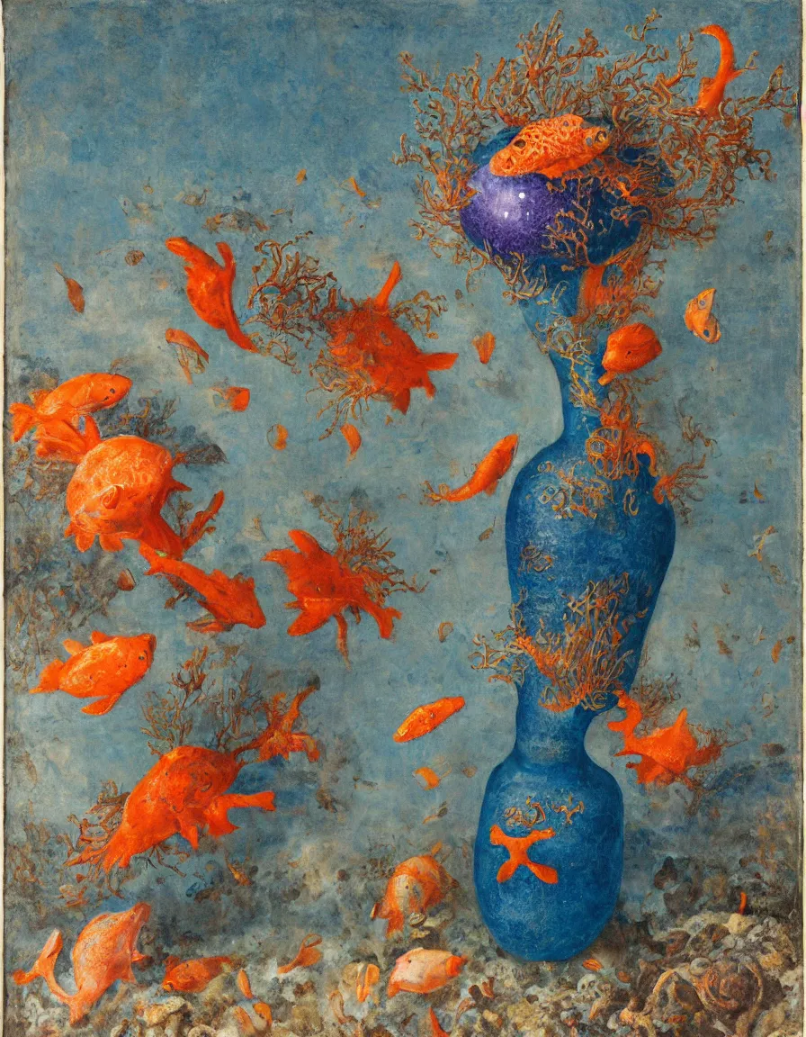 Image similar to bottle vase of coral under the sea and in the sky decorated with a dense field of stylized scrolls that have opaque outlines enclosing mottled blue washes, with orange shells and purple fishes, ambrosius benson, oil on canvas, hyperrealism, around the edges there are no objects