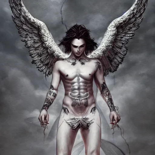 Prompt: beautiful androgynous fallen angel with tattoos on his body being cast from heaven, intricate, hd, high detailed, 4 k, art by greg rutkowski