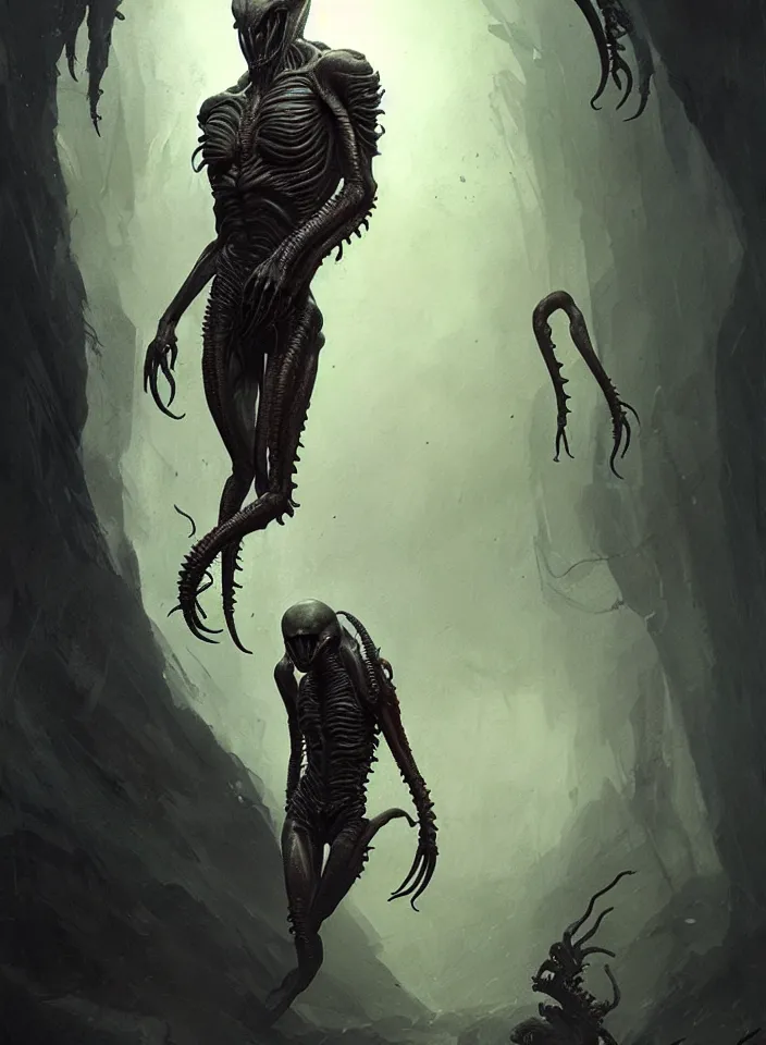 Prompt: a body portrait of a creature invoking fear, art by greg rutkowski, squid alien xenomorph, scifi horror setting, dark lighting, matte painting, trending on artstation, very detailed