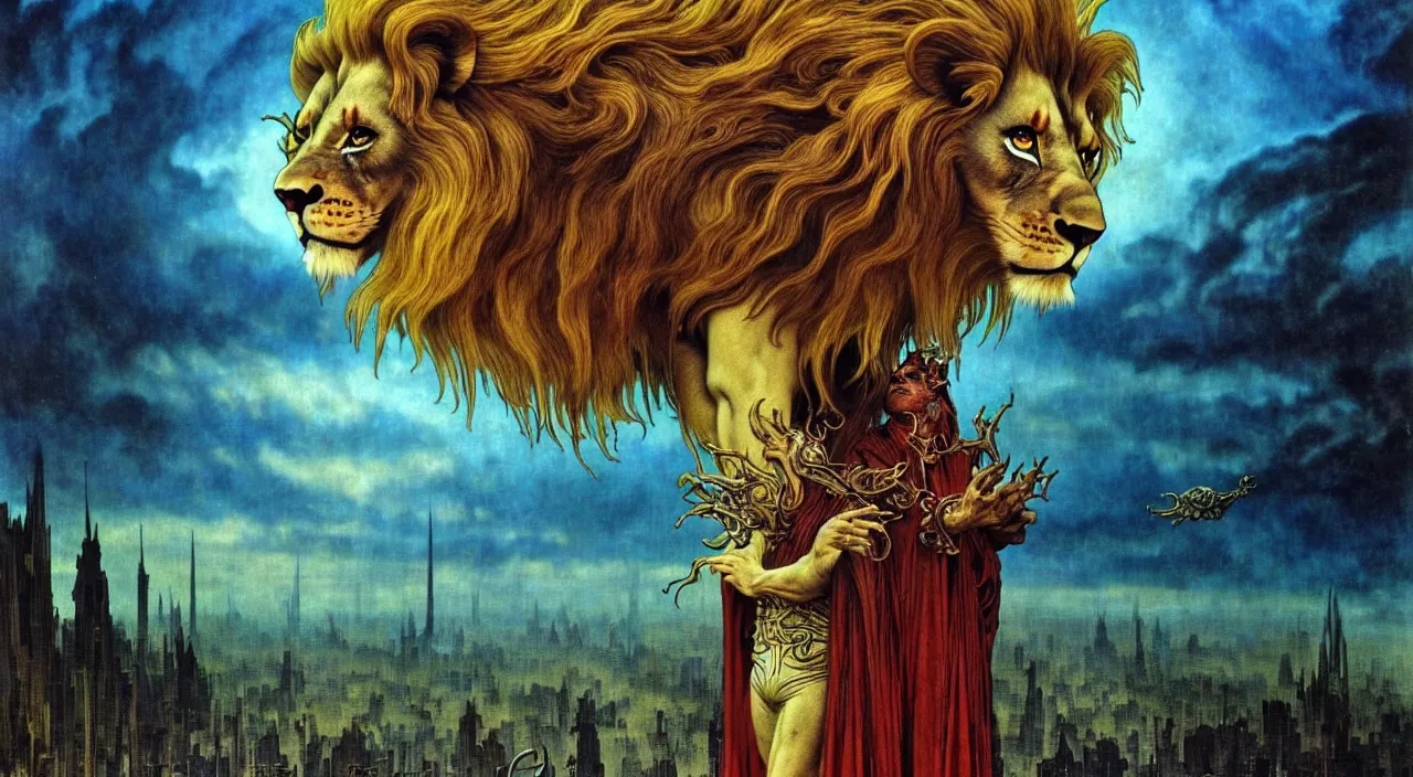 Image similar to realistic detailed portrait movie shot of a lionman wearing dark robes, sci fi city landscape background by denis villeneuve, amano, yves tanguy, alphonse mucha, ernst haeckel, max ernst, roger dean, masterpiece, rich moody colours, blue eyes, occult