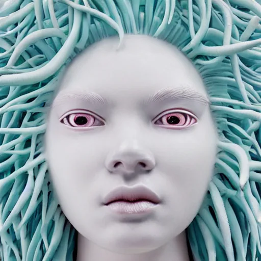 Image similar to vaporwave, full head and shoulders, bjork porcelain sculpture, smooth, delicate facial features, white eyes, white lashes, detailed white, lots of white coral sea elements, fish, sea anemones, all white features on a white background, by daniel arsham and james jean