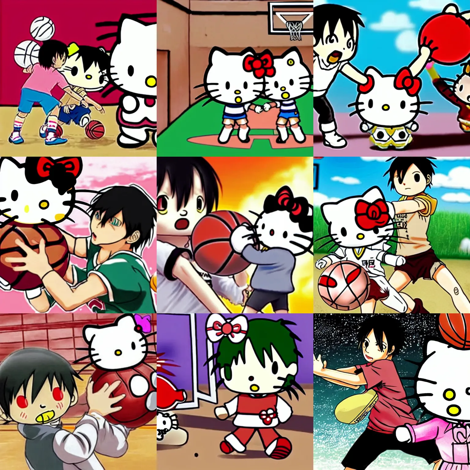 Prompt: Eren Yeager and Hello Kitty playing basketball against each other