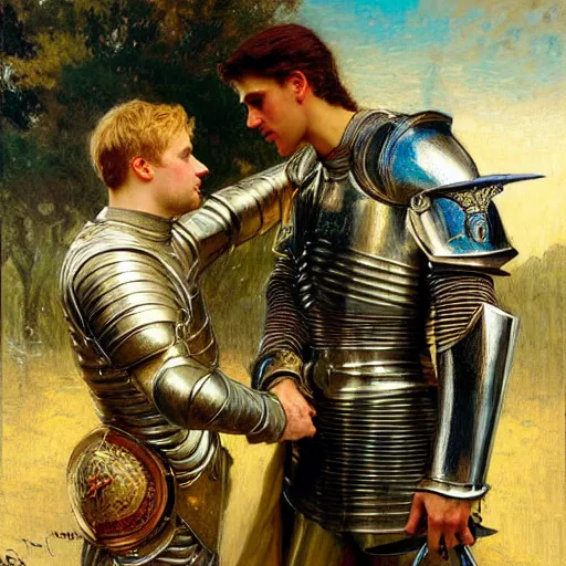 Image similar to attractive fully clothed arthur pendragon confesses his love for his attractive fully clothed male knight. highly detailed painting by gaston bussiere and j. c. leyendecker 8 k