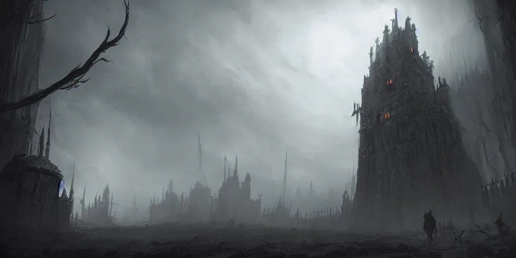 Prompt: grimdark fantasy fortress, terrifying, looming, dark, fog, dark souls, soulborne, artstation
