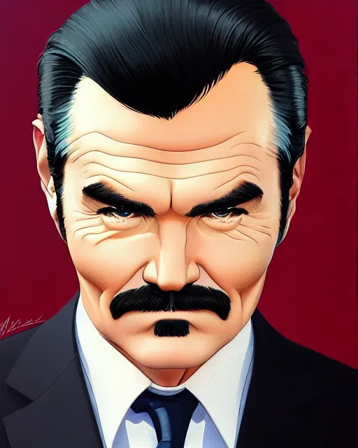 Prompt: portrait burt Reynolds. fine-face, pretty face, realistic shaded Perfect face, fine details. Anime. realistic shaded lighting by Ilya Kuvshinov katsuhiro otomo ghost-in-the-shell, magali villeneuve, artgerm, rutkowski, WLOP Jeremy Lipkin and Giuseppe Dangelico Pino and Michael Garmash and Rob Rey in official suit