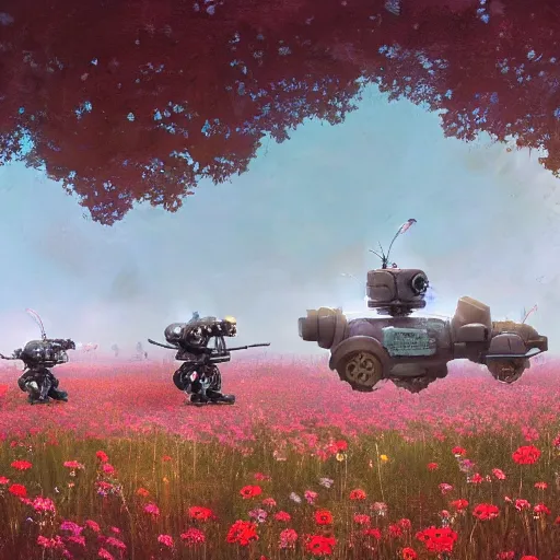 Prompt: a beautiful detailed matte painting of robot dogs playing in a field of flowers Simon Stålenhag, Jakub Różalski