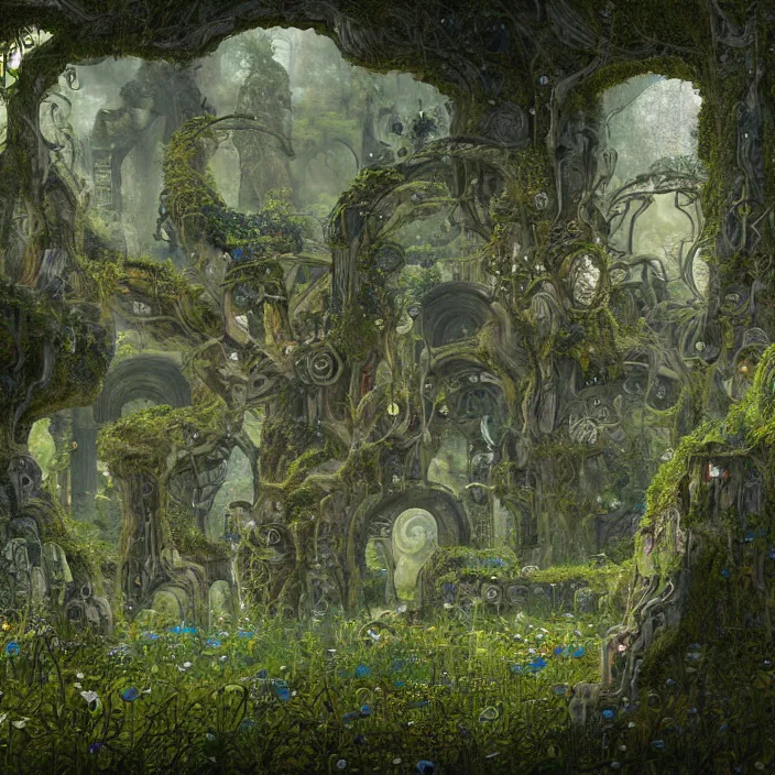 Image similar to ancient overgrown! ruins, medieval gates, runestones, mysetrious etherial mesmerizing runic!! cat eyes, magical elven geometry, concept art by gustav klimt!, deviantart contest winner, environmental art, fairy circle, high detail, intricate masterpiece