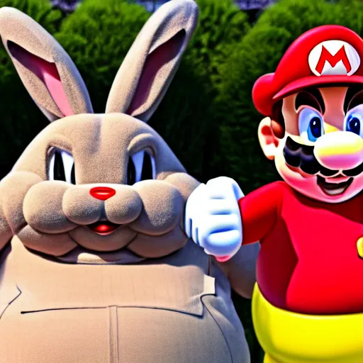 Image similar to real life big chungus dressed like mario, super mario, big chungus, fat bugs bunny, bunny ears, high resolution photo