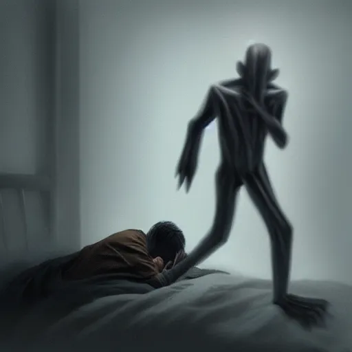 Image similar to A gangly humanoid monster running towards a person sleeping in a bed, trending on Artstation, Digital Painting, Photo Realistic, Dynamic Lighting, Gloomy, Insanely Detailed, Award Winning