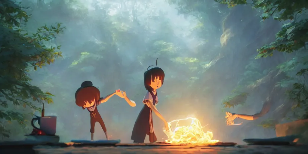 Prompt: a wholesome animation key shot of a focused magician practising spells, medium shot, waist up, studio Ghibli, Pixar and Disney animation, sharp, very detailed, high resolution, Rendered in Unreal Engine 5, anime key art by Greg Rutkowski, Bloom, dramatic lighting