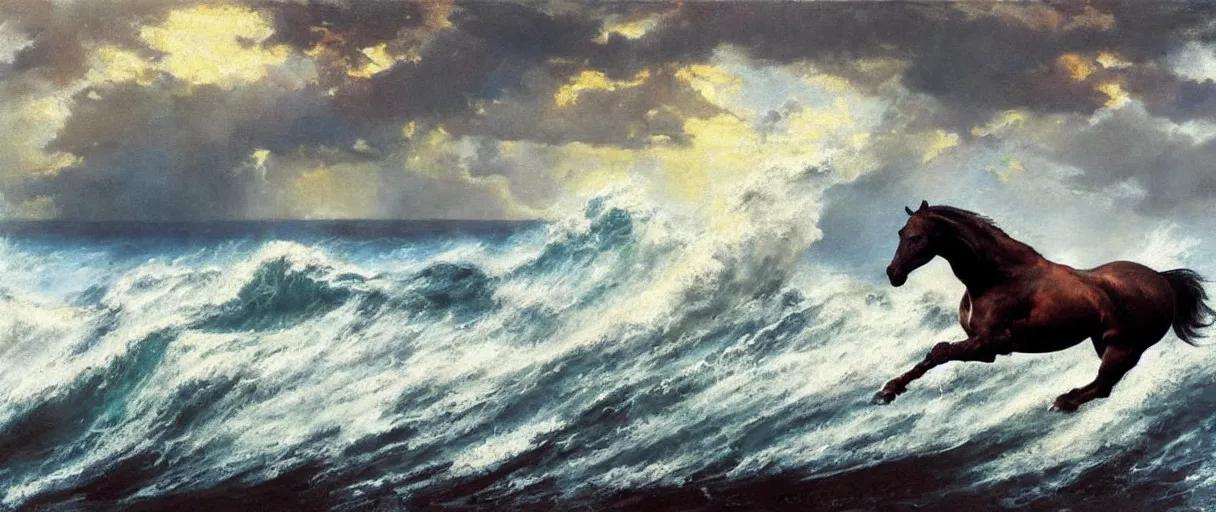 Prompt: horse running along a stormy ocean, large waves, dreamy, painterly, by frank frazetta, vivid colors