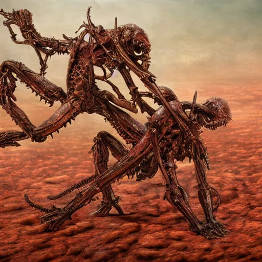 Image similar to conjoined demon twins emerging from pile of corpses in a desert hellscape covered in blood by Yoshitaka Amano, by HR Giger, biomechanical, 4k, hyper detailed, hyperrealism, anime, a Broken World demons flying overhead, red sky, blood and body parts, deviantart, artstation