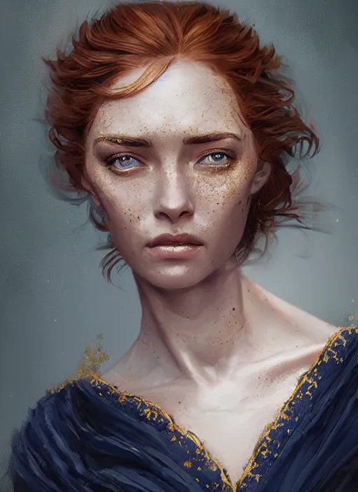 Image similar to portrait of a woman with green eyes and freckles, dressed in a navy blue gown with gold embroidered details, auburn hair, detailed face, fantasy, highly detailed, cinematic lighting, digital art painting by greg rutkowski