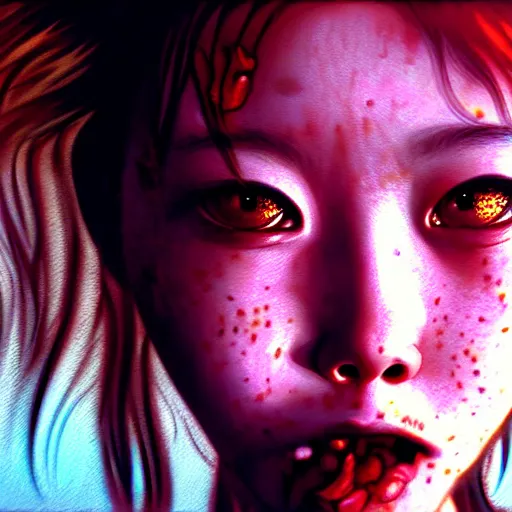 Image similar to terrifying closeup portrait of a beautiful carefree stoner girl in tanktop covered in rats, by katsuhiro otomo, yoshitaka amano, nico tanigawa, rendered with intense 3 d effect reflective shadowing, cinematic lighting, hyperrealistic illustration uhd 8 k