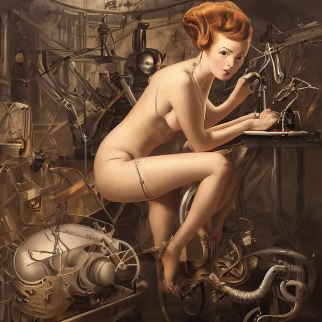 Image similar to biomechanoid artist painting a self - portrait on a canvas. intricate, highly detailed, digital matte painting in the style of gil elvgren and in the style of h. r. giger. irony, recursion, inspiration.