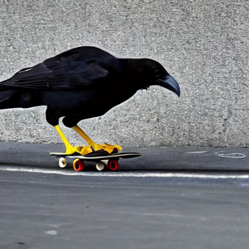 Image similar to a photo of a crow riding a skateboard