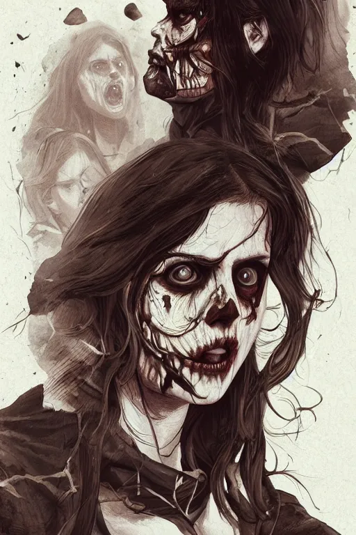 Prompt: alexandra daddario in sleepy hollow, full body, big two toned eyes, teeth gritted, horror, intricate details, cinematic, epic, realistic, anatomy, tomer hanuka, uplight, artstation, photorealistic, scary