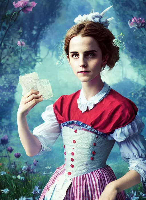 Prompt: portrait of alice in the wonderland as emma watson, hyper detailed, digital art, cinematic lighting, studio quality, smooth render, unreal engine 5, octane rendered, art style by klimt and nixeu and ian sprigger and wlop and krenz cushart.