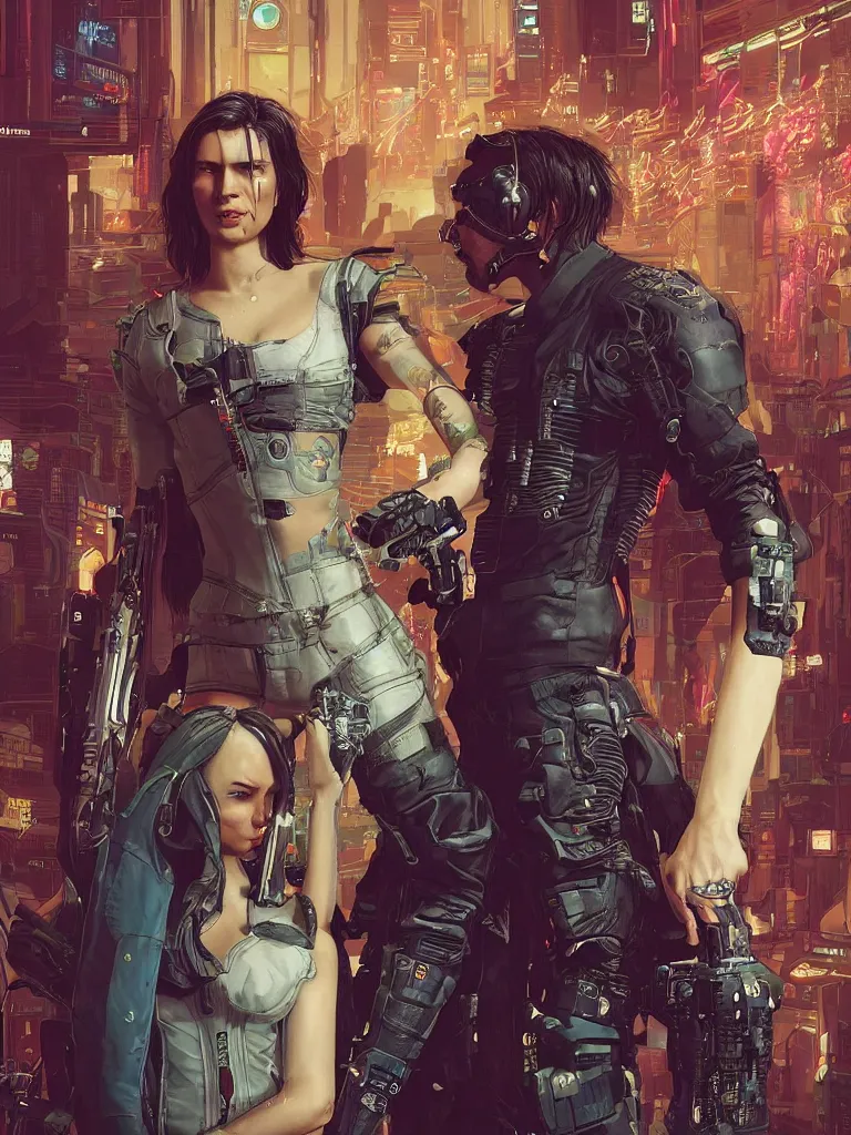 Image similar to a cyberpunk 2077 wedding couple portrait of Keanu Reeves and V in love story,pray,hug,hold,kiss,film lighting,by Lawrence Alma-Tadema,Andrei Riabovitchev,Laurie Greasley,Dan Mumford, John Wick,Speed,Replicas,artstation,deviantart,FAN ART,full of color,Digital painting,face enhance,highly detailed,8K,octane,golden ratio,cinematic lighting