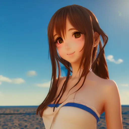 Prompt: portrait of a very beautiful 3d anime girl, long hair, hazel eyes, cute freckles, full round face, short smile, cute sundress, golden hour, serene beach setting, medium shot, mid-shot, highly detailed, trending on Artstation, Unreal Engine 4k