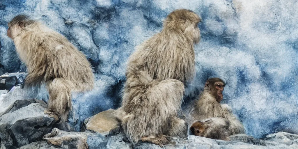 Image similar to scenic mountain setting, a family of snow monkeys gather at the natural spa to get warm, highly detailed, snow flurry, cold, steamy, desaturated blue, inquisitive, striking, contemplative, happy, content, warm, watercolor, dry brush