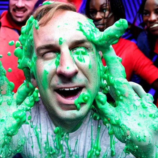 Image similar to Saul Goodman!, covered in slime!!, ((at the Kid Choice Awards)) , face close-up, award winning photography